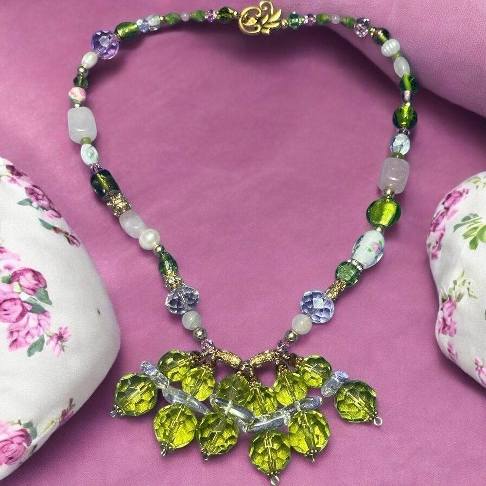 Handmade One of a Kind Green & Rock Crystal Rose Quartz Art Glass Necklace